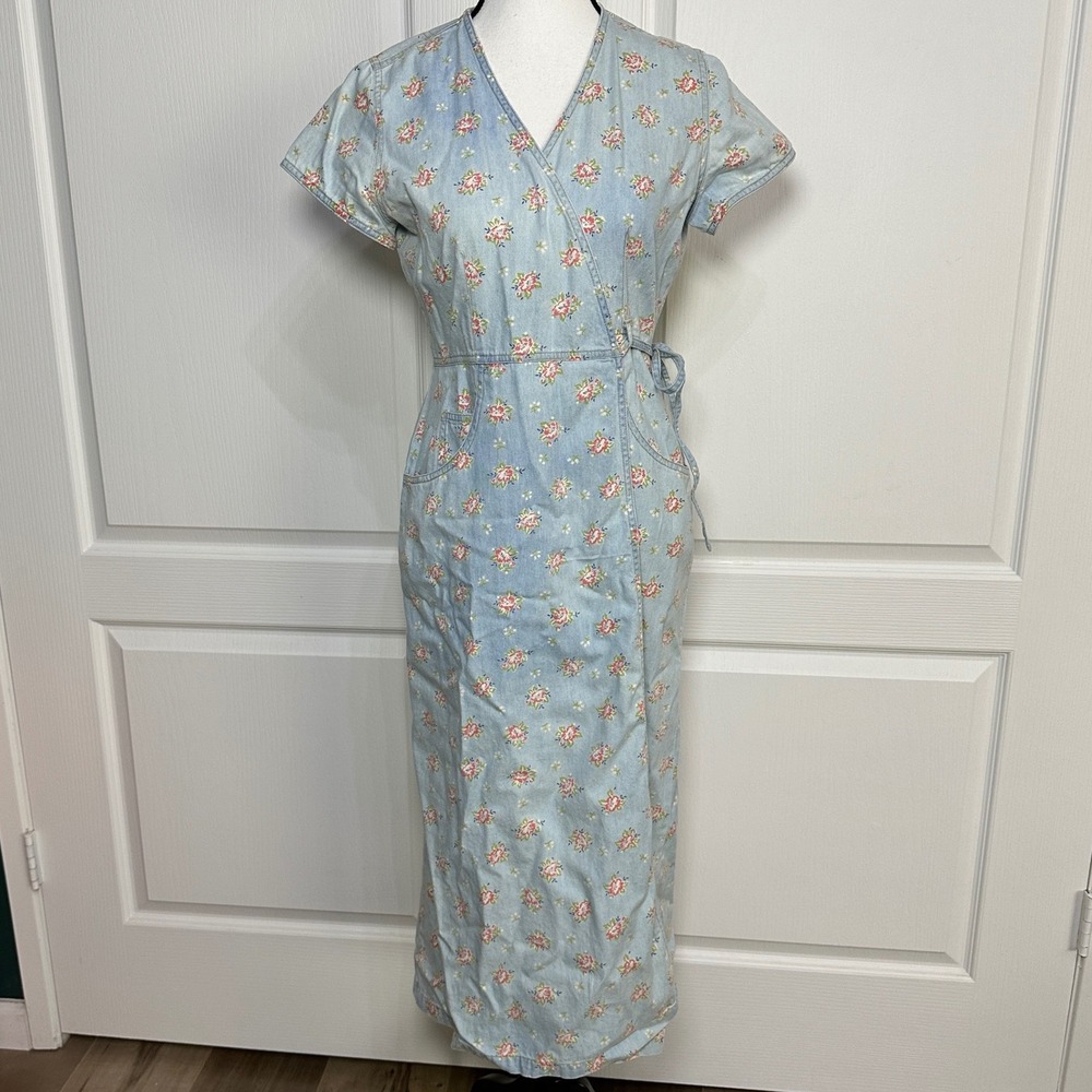 VTG Floral Denim Wrap Midi Dress SP 90s‎ Cottagecore Prairie Boho Ditsy Country - Picture 9 of 10